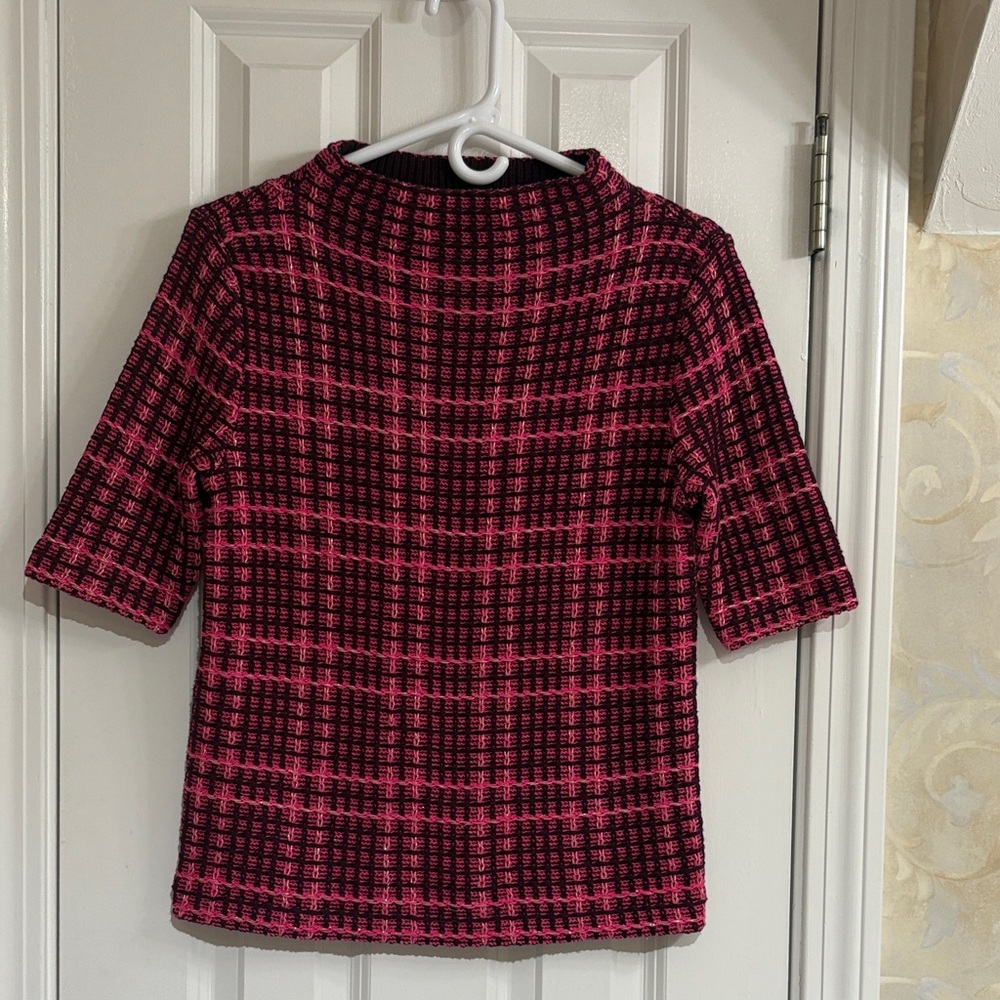 Ann Taylor Plaid Pink, Black and  Metallic Thread Short Sweater Top